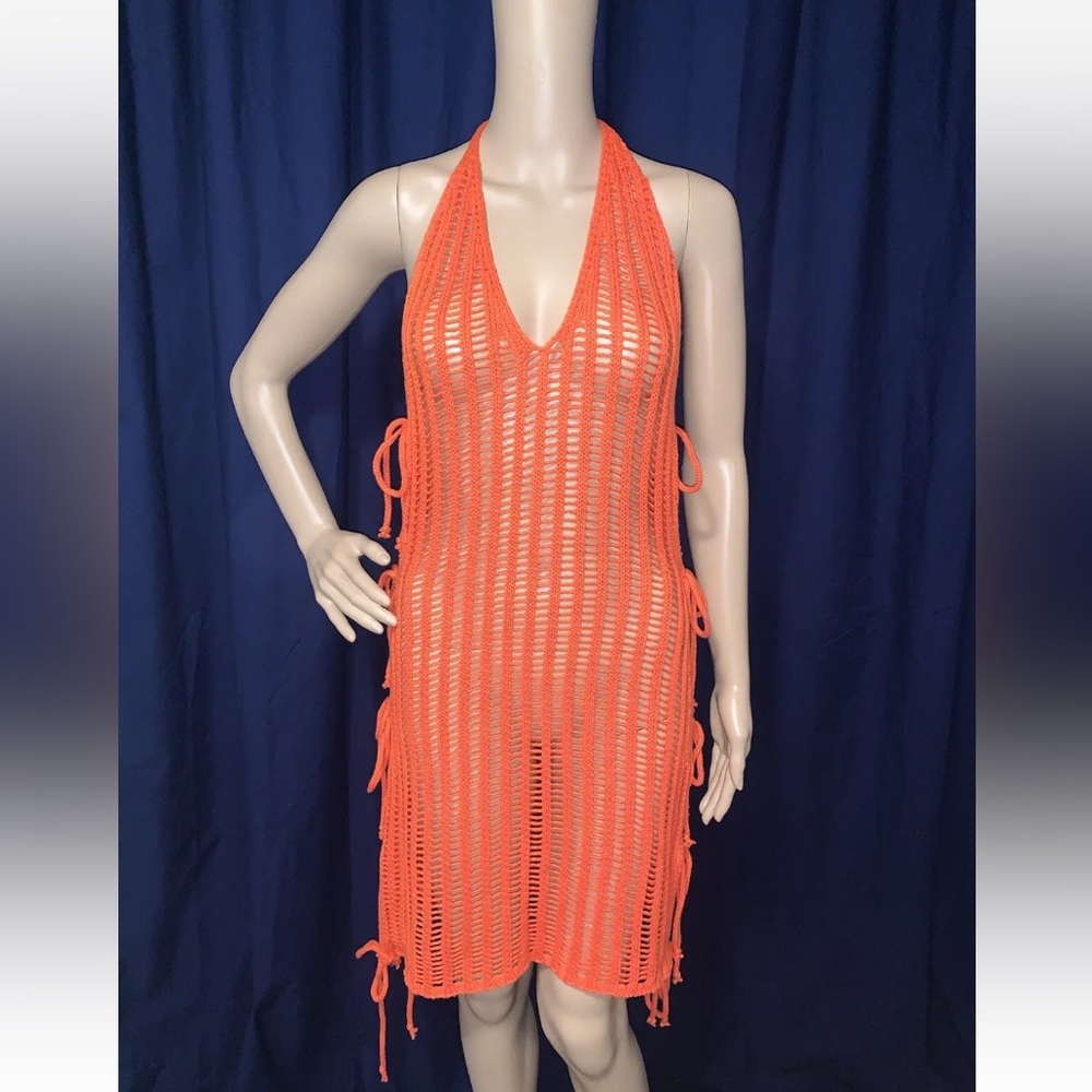 Fashion Nova Vacation Ties Open Crochet Coverup Orange Dress Size M